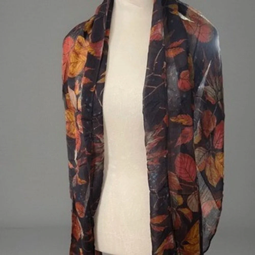NorthStyle Womens Navy Brown Orange Leaf Print 100% Modal Scarf 64x17‎ A470167
